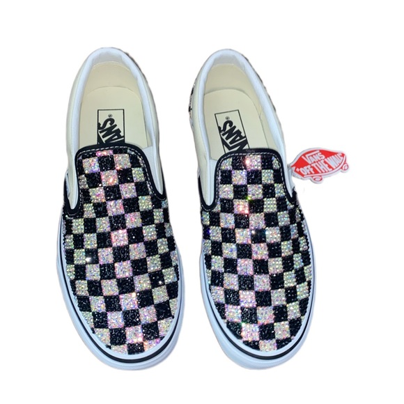 Iridescent Crystal & Jet Black Checkerboard Slip On Vans All Sizes New With Box - Picture 8 of 9